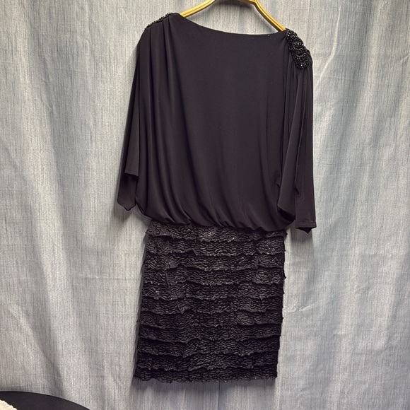 Frank Lyman Design Black Asymmetrical Sheath Dress with Dolman Sleeves - Picture 2 of 6